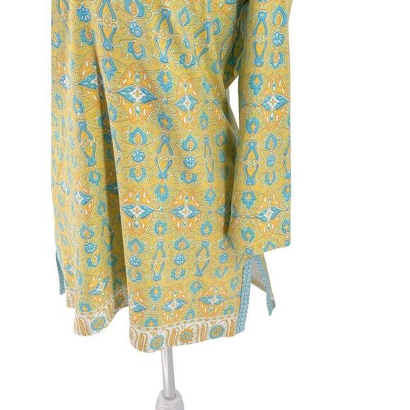 J. McLaughlin Catalina Cloth Split Neck Stretch Tunic Top Yellow Blue Print Sz M - Picture 3 of 7